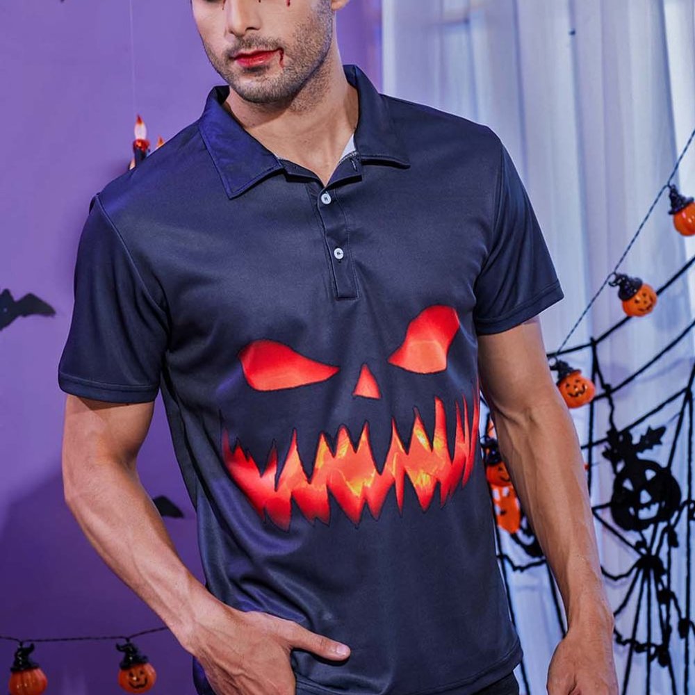 Men's Lapel Shirt Halloween Elements 3D Printing Short Sleeve Polo Shirt Top - Picture 4 of 9
